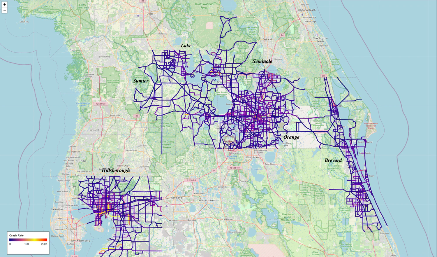 Central Florida roadway network used in the connected-vehicle crash-risk and causal mediation study.