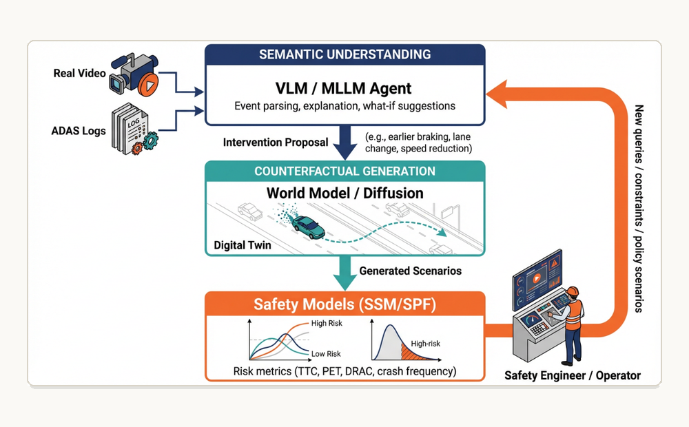 Multimodal video event parsing and counterfactual safety schematic